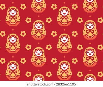 Flat vector background with traditional Russian matryoshka dolls and decorative flowers. Seamless pattern design for fabric prints, wrapping paper, wallpaper, and travel designs