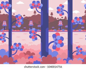 Flat vector background in violet and pink colors with forest, river and hills. Seamless when docking horizontally. For games and mobile applications.