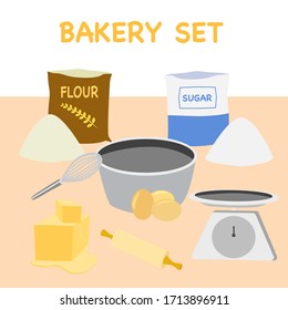 flat vector of bakery set with tools and ingredients