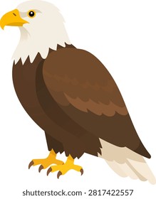 Flat vector bald eagle flat vector illustration of bird with white head brown wing yellow beak and talon isolated