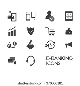 Flat vector banking symbols and icons. E-banking and finance icon set. Vector web design elements.