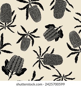 Flat vector banksia background. Australian native flowers seamless pattern