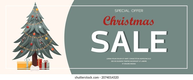 Flat vector banner Big Christmas sale. Cartoon Christmas template with festive decorations and food. New Year s card with a Christmas wreath, toys and garlands. Background for postcards and