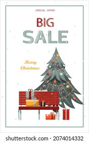 Flat vector banner Big Christmas sale. Cartoon Christmas template with festive decorations and food. New Year s card with a Christmas wreath, toys and garlands. Background for postcards and