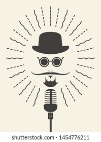 Flat vector banner with classic dynamic microphone. Man face with mustache and beard wearing a hat and glasses with a mic in hipster style. Suitable for banner, ad, poster, invitation to karaoke party