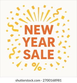 Banner de vetor plano com explosão de confete e texto "New Year Sale". Layout vetorial editável, compatível com estoque e pronto para impressão CMYK.