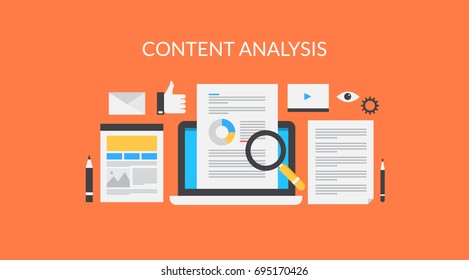 Flat Vector Banner. Content Research On Laptop Screen, Web Content Analysis, Search Content Information Illustration With Icons