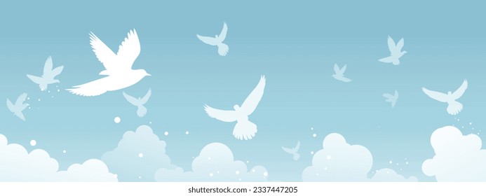 Flat Vector Banner Featuring White Doves and Clouds Celebrating Peace Day Minimalist Vector Art