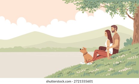 Ilustración de Anuncio de Vector plano de pareja con perro en paisaje de naturaleza. Fondo de relajación al aire libre del amor de la familia para la página de aterrizaje de la cabecera del Sitio web con la gente que disfruta del ambiente escénico tranquilo