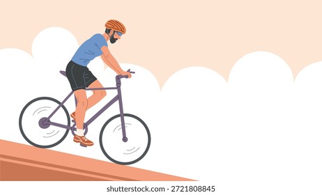 Ilustración de Anuncio de Vector plano de ciclista montando bicicleta. Escenario de estilo de vida al aire libre de la aptitud del deporte para la página de aterrizaje de la cabecera del Sitio web con el ciclismo activo del hombre en ambiente de la naturaleza