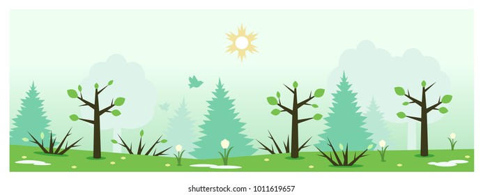 Flat vector banner.  Illustration of spring nature in forest. 