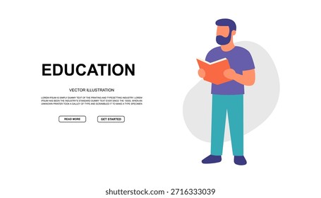 Flat vector banner of man reading a book with EDUCATION headline. Modern minimalist design
