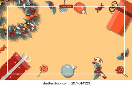 Flat vector banner Merry Christmas. Cartoon Christmas template with festive decorations and food. Background for postcards and invitations. New Year s table with a pie and a Christmas wreath, toys and