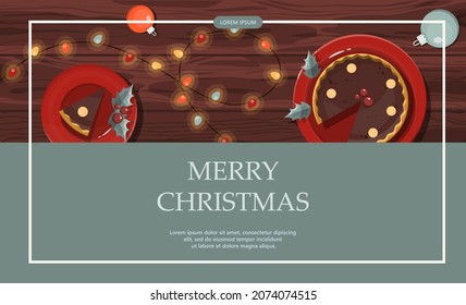 Flat vector banner Merry Christmas. Cartoon Christmas template with festive decorations and food. Background for postcards and invitations. New Year s table with a pie and a Christmas wreath, toys and