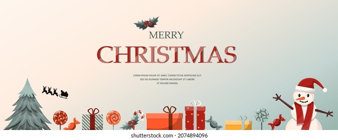 Flat vector banner Merry Christmas. Cartoon Christmas template with festive decorations and food. Background for postcards and invitations. New Year s table with a pie and a Christmas wreath, toys and