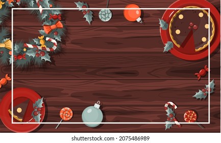 Flaches Vektorbanner Frohe Weihnachten. Weihnachtsschablone mit festlichen Dekorationen und Essen. Hintergrund für Postkarten und Einladungen. Neujahrstisch mit Kuchen und Weihnachtskranz, Spielzeug und