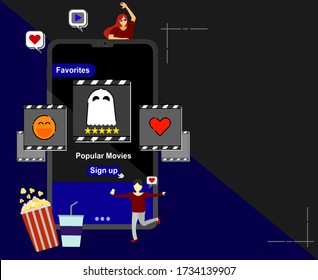  A flat vector banner of mobile movie concept. Composition with a smart phone and movie category, surrounded by people, popcorn and drinking.