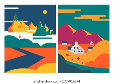 flat vector banner with mountains. colourful vector banner with mountains. Mountain illustration flat background. Mountain flat banner background. flat illustration with mountain peaks.