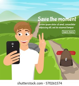 Flat vector banner on a camping theme with a man doing selfie