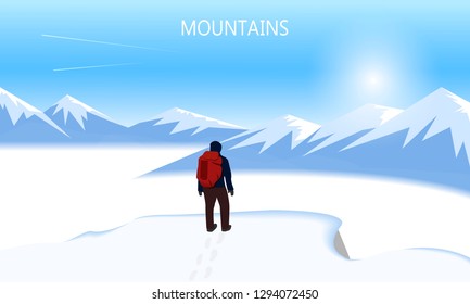 Flat vector banner on the theme of Climbing, Trekking, Hiking, Mountaineering. Extreme sports, outdoor recreation, adventure in the mountains, vacation. Achievement. The Alps.