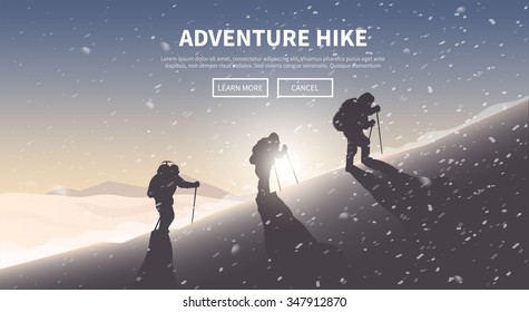 Flat vector banner on the theme of Climbing, Trekking, Hiking, Mountaineering. Extreme sports, outdoor recreation, adventure in the mountains, vacation. Achievement. The Alps. 
