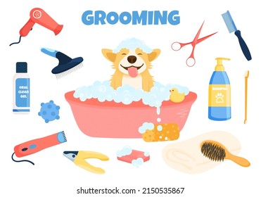 Flat vector banner pet grooming concept equipment elements. Cute dog character, takes a bubble bath and grooming tools for wool care. Dog washing service the grooming salon. 