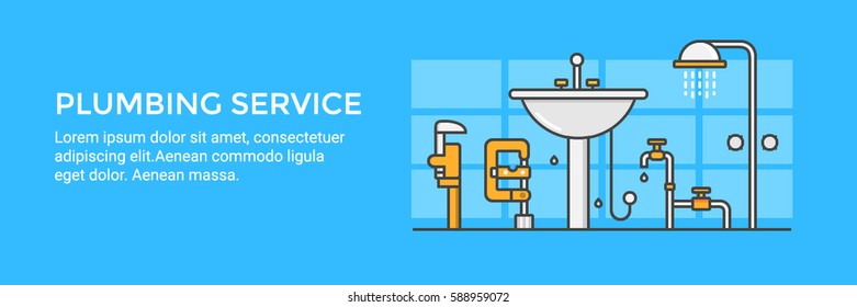 Flat vector banner for plumbing service, repair, and equipment for leaking with wrench and valve icons isolated on blue background