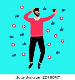 A flat vector banner template with a hand-drawn style on a blue background.
The guy posts a story to a popular social network and has a large following and number of likes.
