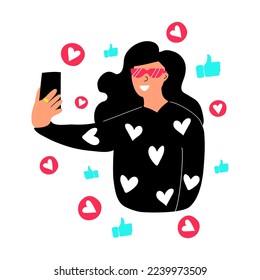 A flat vector banner template with a hand-drawn style on a white background.
The girl posts a story to a popular social network and has a large following and number of likes.