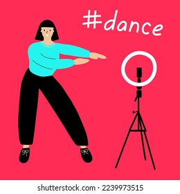 
A flat vector banner template with a hand-drawn style on a pink background.
The girl uploads a video of his dance to a popular social network.Hashtag dance.
