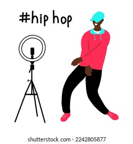 
A flat vector banner template with a hand-drawn style on a white background.
The black guy uploads a video of his dance to a popular social network.
Hashtag hip hop.
