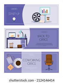 Flat vector banner template for office, business solutions, startup, time management, planning and strategy. Modern cartoon illustration concepts for website, office work, freelance, distance work