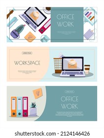 Flat vector banner template for office, business solutions, startup, time management, planning and strategy. Modern cartoon illustration concepts for website, office work, freelance, distance work