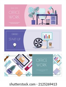 Plantilla plana de banner vectorial para oficina, soluciones de negocios, inicio, administración de tiempo, planificación y estrategia. Conceptos modernos de ilustración de dibujos animados para sitios web, trabajo de oficina, trabajo independiente, trabajo a distancia