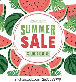 Flat vector banner with watermelon slices on white background – summer sale concept for seasonal business promotion and marketing design

