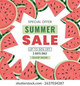 Flat vector banner with watermelon slices on white background – summer sale concept for seasonal business promotion and marketing design

