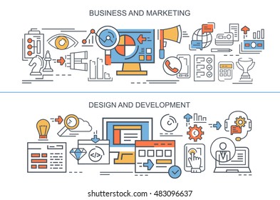 Flat vector banners. Business and marketing. Design and development.