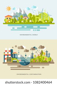 Flat vector banners with countrysides showing eco energy and environmental contamination. Alternative source of power. Nature pollution