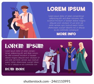 Flat vector banners - a set depicting theater actors in dynamic scenes. Ideal as invitation flyers with blank space for event text. Theatrical performing arts.