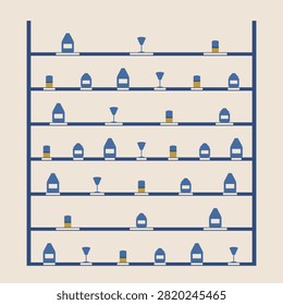 Flat vector bar shelf front elevation of 7 shelf tiers of bottles and vessels with blank price plates, drawn as rotational forms with a single horizontal liquid level splitting the fill in brick mono colors, no lettering and no food shown, blank label plates ready for your own copy.