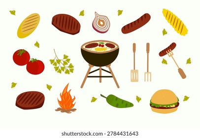 Flat vector barbecue and camping food set with grill, sausages, steak, burger, corn, vegetables, campfire and outdoor cooking tools isolated on light background.