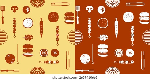 Flat vector barbecue pattern. Grilled meat, hamburger, tongs, fork, and grilling grid on a yellow and red background. Simple seamless two tone design. Perfect for food themed background print.
