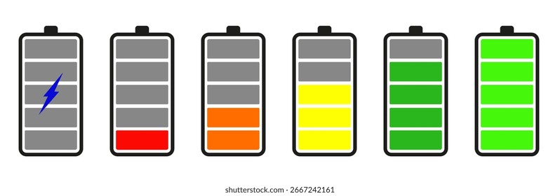 Flat vector battery icon showing energy levels with grayscale segment fills. Ideal for mobile UI, energy dashboards, tech interfaces, apps, infographics, and clean modern designs.