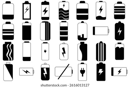 Flat Vector Battery Icons: Power Charging, Energy Levels, and Status Indicators