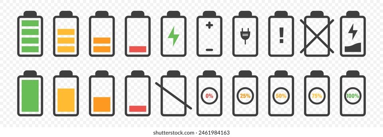 Flat Vector Battery Icons Set. Different Level of Charge. Car or Phone Battery Indicator, Device Battery Charge Signs. Wireless Charging Energy Symbols. Vector Illustration
