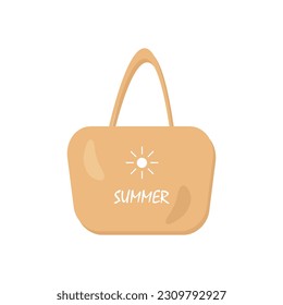 Flat vector beach bag eps 10. Women's summer bag in sand color, with the inscription summer and the symbol of the sun. Can be used for summer and beach design.