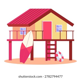 Flat vector beach house illustration with surfboard and lifebuoy. Bright tropical seaside cottage in modern summer style.