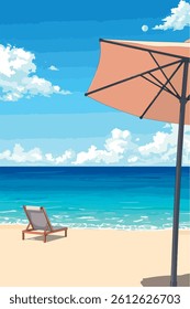 Flat vector beach illustration with umbrella, lounge chair, and clear blue sea under a sunny sky