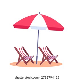 Flat vector beach lounge setup with umbrella and deck chairs. Bright tropical vacation illustration in modern summer style.