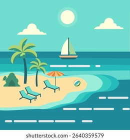 Flat vector of a beach scene, ideal for capturing the spirit of summer
